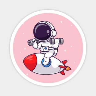 Cute Astronaut Lifting Dumbbell On Rocket Cartoon Magnet